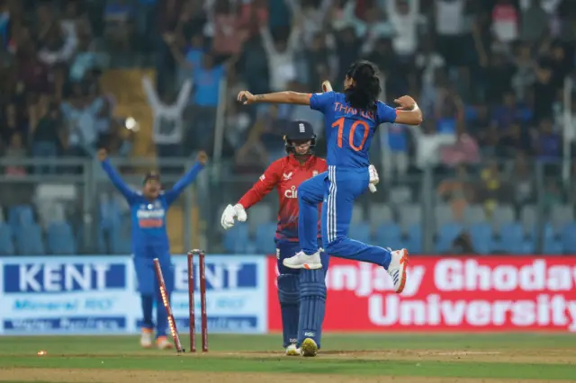 Renuka Singh Thakur celebrates the wicket of Danni Wyatt