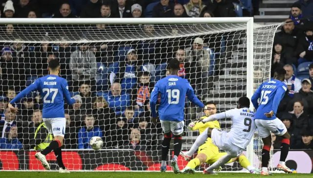 Amadou Bakayoko scores for Dundee against Rangers