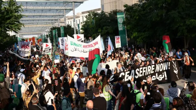 A crowd of pro-Palestinian demonstrators holding signs and flags attend a rally at the COP28 climate change conference