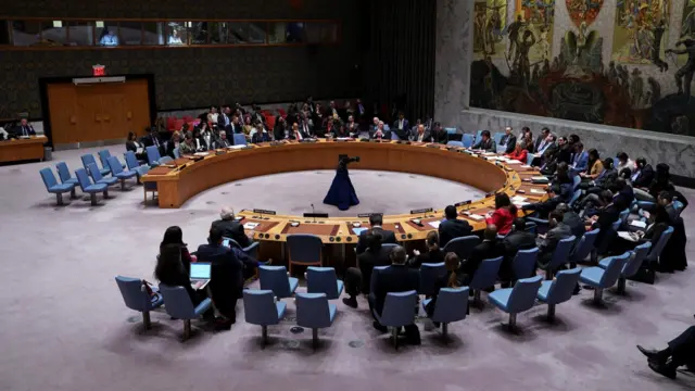 United Nations Security Council members attend a meeting about invoking Article 99 of the United Nations charter