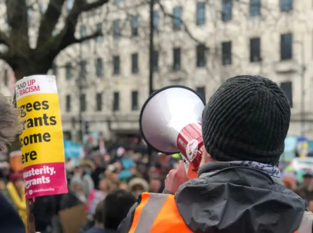 Protester with megaphone