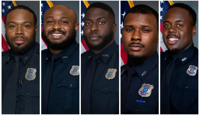 Headshots of the five police officers charged with Tyre Nichols' murder: Demetrius Haley, Desmond Mills Jr, Emmitt Martin III, Justin Smith and Tadarrius Bean