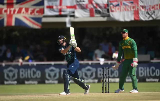 Jos Buttler hits a six in the third ODI against South Africa