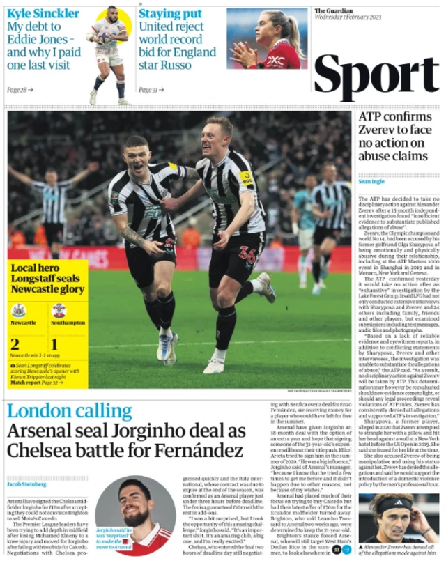 Main sport page of the Guardian on 1 February 2023