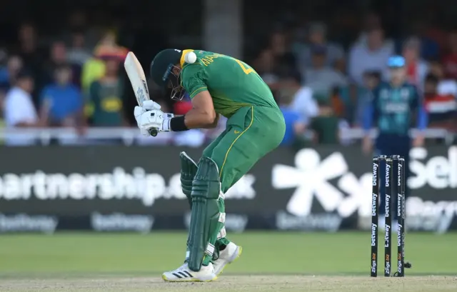 South Africa batsman Aiden Markram is hit on the shoulder by a delivery from Jofra Archer (not pictured) during the 3rd ODI match between South Africa and England at De Beers Diamond Oval