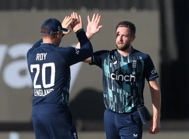 Chris Woakes celebrates dismissing Jason Roy