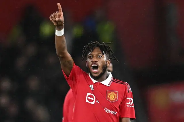 Fred celebrates for Man Utd