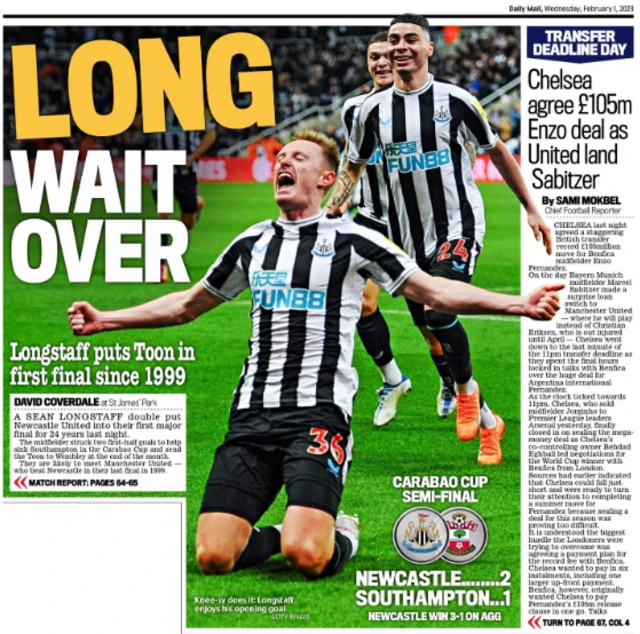 Back page of the Daily Mail on 1 February 2023