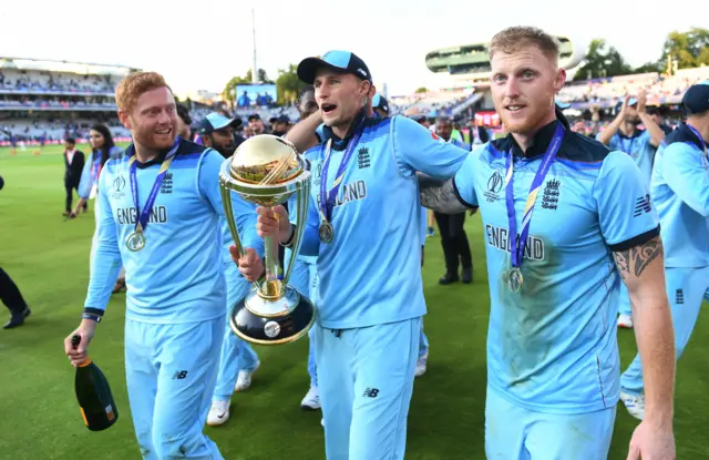 Joe Root, Ben Stokes and Jonny Bairstow celebrate winning the 2019 World Cup