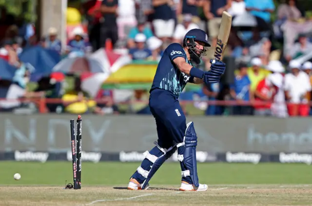 England's Moeen Ali is bowled out by Lungi Ngidi