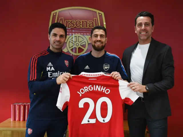 Mikel Arteta with Jorginho and Edu