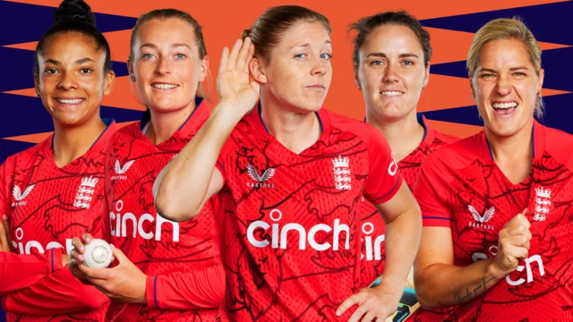 An England meet the team graphic with captain Heather Knight in the centre with Nat Sciver-Brunt and Sophie Ecclestone either side and then Katherine Sciver-Brunt and Sophia Dunkley on the end