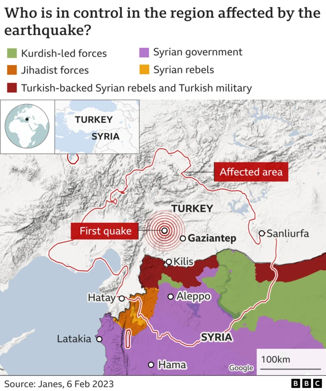 Map showing areas of control in Syria