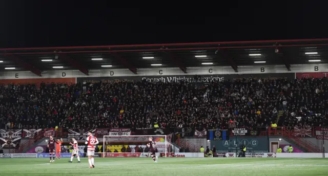 Hearts away support during a Scottish Cup match between Hamilton Academical and Heart of Midlothian at the ZLX Stadium,