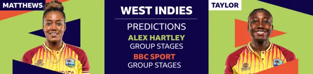 A banner image showing Alex Hartley has picked Hayley Matthews and Stafanie Taylor as her two West Indies players to watch at the Women's T20 World Cup 2023. Hartley has predicted West Indies will be eliminated in the group stages, as does BBC Sport cricket writer Ffion Wynne