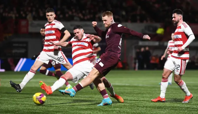 Stephen Humphrys scores to make it 1-0 Hearts during a Scottish Cup match between Hamilton Academical and Heart of Midlothian at the ZLX Stadium, on February 10, 2023, in Hamilton, Scotland