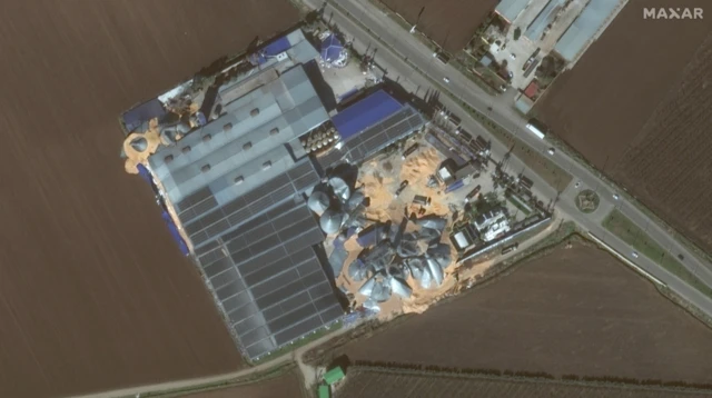 An aerial photo of the same grain silos in Kirikhan, Turkey on 9 February