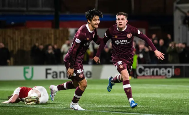 Cammy Devlin  celebrates making it 2-0 Hearts during a Scottish Cup match between Hamilton Academical and Heart of Midlothian at the ZLX Stadium