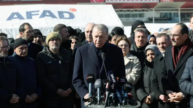 Turkish President Tayyip Erdogan talks to media in the aftermath of a deadly earthquake in Kahramanmaras