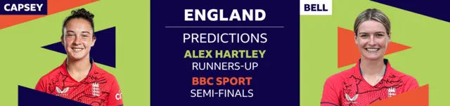 A banner image showing Alex Hartley has picked Alice Capsey and Lauren Bell as her two England players to watch at the Women's T20 World Cup 2023. Hartley has predicted England will finish runners-up, while BBC Sport cricket writer Ffion Wynne thinks they will reach the semi-finals