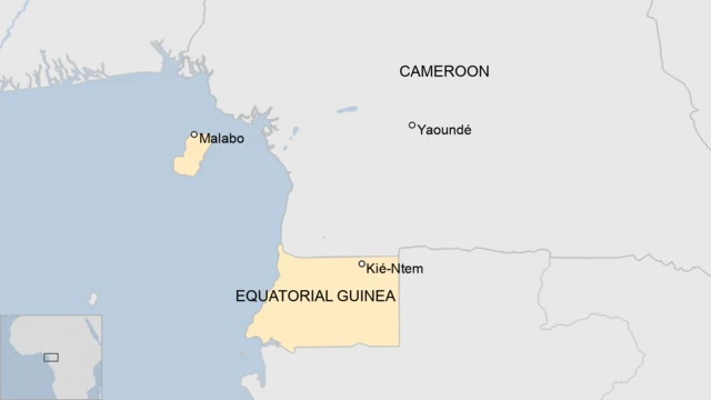 A map of Equatorial Guinea showing the capital, Malabo, and Kié-Ntem on the mainland.