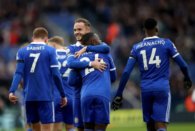 James Maddison celebrates with Nampalys Mendy after goal v Tottenham