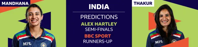 A banner image showing Alex Hartley has picked Smriti Mandhana and Renuka Singh Thakur as her two India players to watch at the Women's T20 World Cup 2023. Hartley has predicted India will reach the semi-finals, while BBC Sport cricket writer Ffion Wynne thinks they will be runners-up