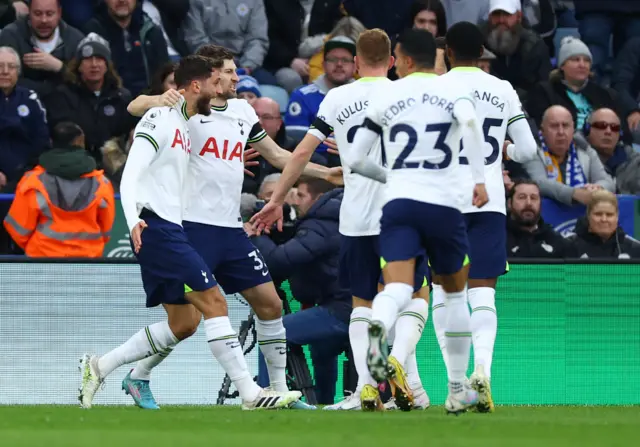 Tottenham Hotspur's Rodrigo Bentancur celebrates scoring their first goal with Ben Davies