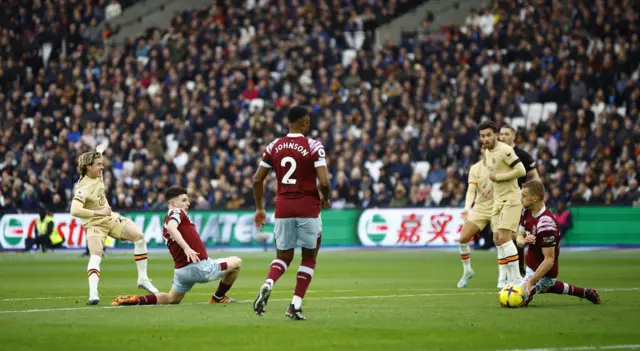 West Ham United's Tomas Soucek blocks a shot from Chelsea's Conor Gallagher