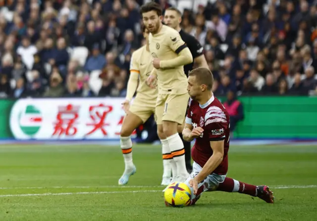 West Ham United's Tomas Soucek blocks a shot from Chelsea's Conor Gallagher