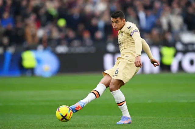 Thiago Silva of Chelsea passes the ball during the Premier League match between West Ham United and Chelsea FC at London Stadium on February 11, 2023