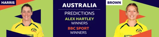 A banner image showing Alex Hartley has picked Grace Harris and Darcie Brown as her two Australia players to watch at the Women's T20 World Cup 2023. Hartley has predicted Australia will win the tournament, as has BBC Sport's cricket writer Ffion Wynne