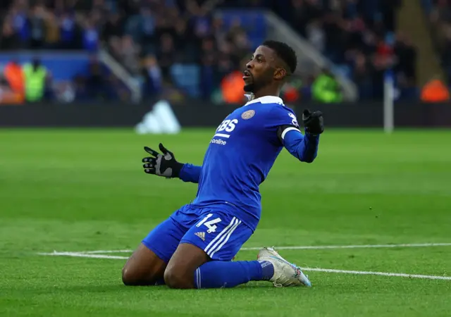 Leicester City's Kelechi Iheanacho celebrates scoring their third goal v Tottenham