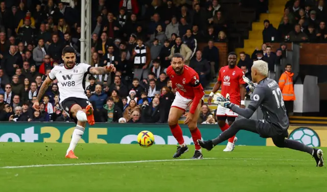 Fulham's Aleksandar Mitrovic shoots at goal v Nottingham Forest