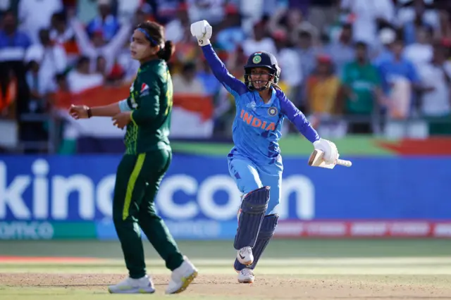 Jemimah Rodrigues celebrates hitting the winning runs