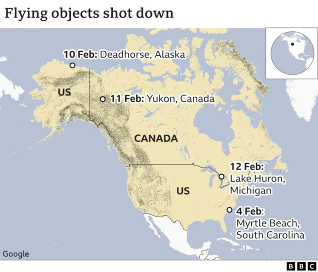 Map of North America showing the day and place each UFO was downed. The first on 4 Feb in Myrtle Beach, South Carolina, second on 10 Feb in Deadhorse, Northern Alaska, third on 11 Feb in Yukon, Canada, and finally the fourth in Lake Huron, Michigan.