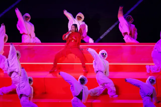 Rihanna performs during the Super Bowl half-time show.