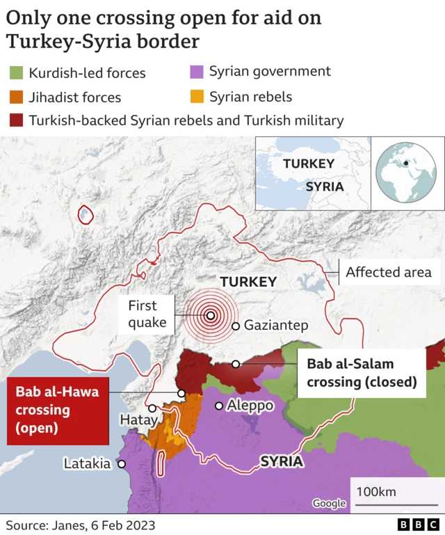 Map showing control of Syria and crossing for aid at Bab al-Hawa