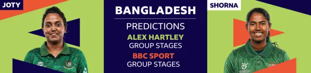 A banner image showing Alex Hartley has picked Nigar Sultana Joty and Shorna Akter as her two Bangladesh players to watch at the Women's T20 World Cup 2023. Hartley has predicted Bangladesh will be eliminated in the group stages, as does BBC Sport cricket writer Ffion Wynne