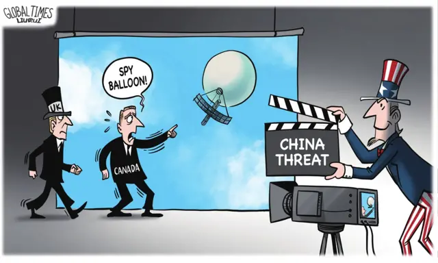 Satirical cartoon depicting Uncle Sam holding a clapper and directing a film called "China Threat". The background features two men labelled the UK and Canada stanbding in front of a green screen of a weather balloon, with Canada pointing at it and saying "Spy Balloon!".