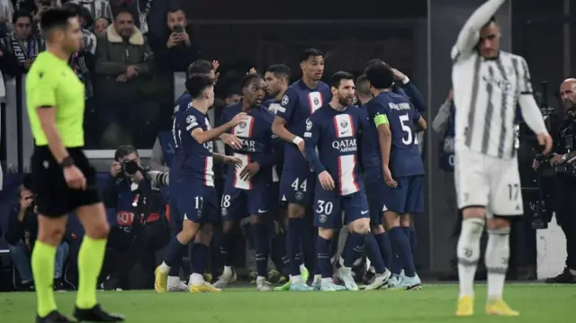 Paris Saint-Germain celebrate scoring at Juventus