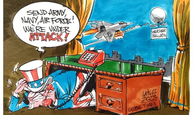 Satirical cartoon showing Uncle Sam (a metaphor for the US government) hiding under a desk, calling for military help from a red phone as a US fighter jet attacks a weather balloon.