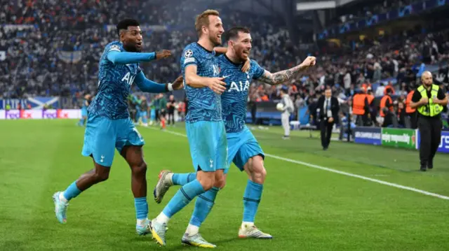 Tottenham players celebrate in Marseille