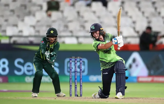 Orla Prendergast of Ireland plays a shot during the ICC Women's T20 World Cup group B match between Pakistan and Ireland at Newlands Stadium