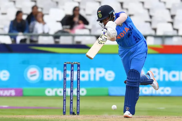 India's Shafali Verma plays a shot during the Group B T20 women's World Cup cricket match between West Indies and India at Newlands Stadium in Cape Town