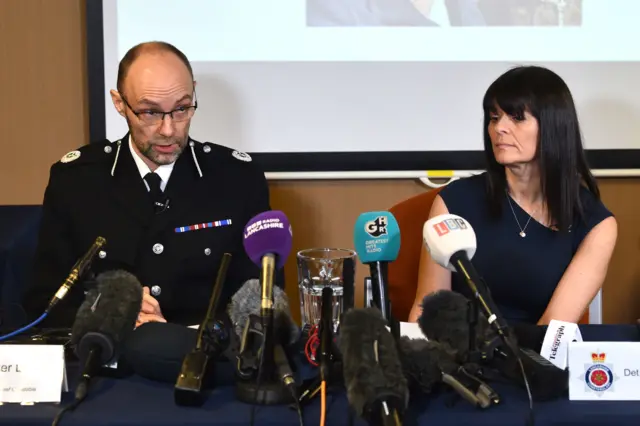 Assistant Chief Constable Peter Lawson (left) and Detective Superintendent Rebecca Smith of Lancashire Police update the media in St Michael's on Wyre, Lancashire, as