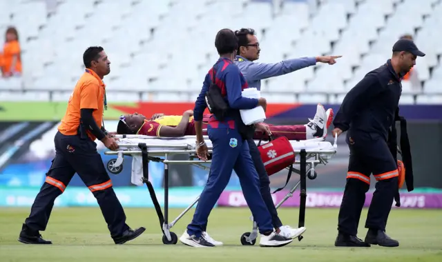 Stafanie Taylor of West Indies receives medical attention during the ICC Women's T20 World Cup group B match between West Indies and India at Newlands Stadium