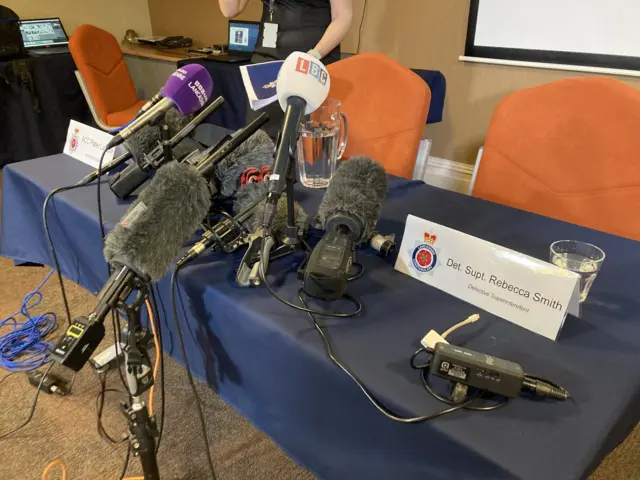 The table where police will sit behind for a press conference on the disappearance of Nicola Bulley