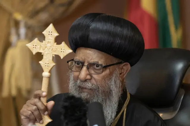 Abune Mathias, Patriarch of the Ethiopian Orthodox Tewahedo Church, prays during a press conference in Addis Ababa, Ethiopia, on February 11, 2023.