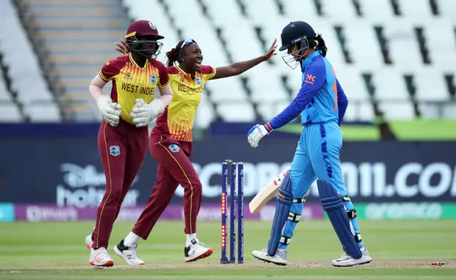 Smriti Mandhana of India makes their way off after being dismissed during the ICC Women's T20 World Cup group B match between West Indies and India at Newlands Stadium